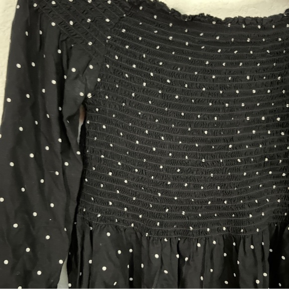 Japna Black Blouse White Polka Dot Off the Shoulder Smocked Long Sleeve Top Sz S - Picture 5 of 8